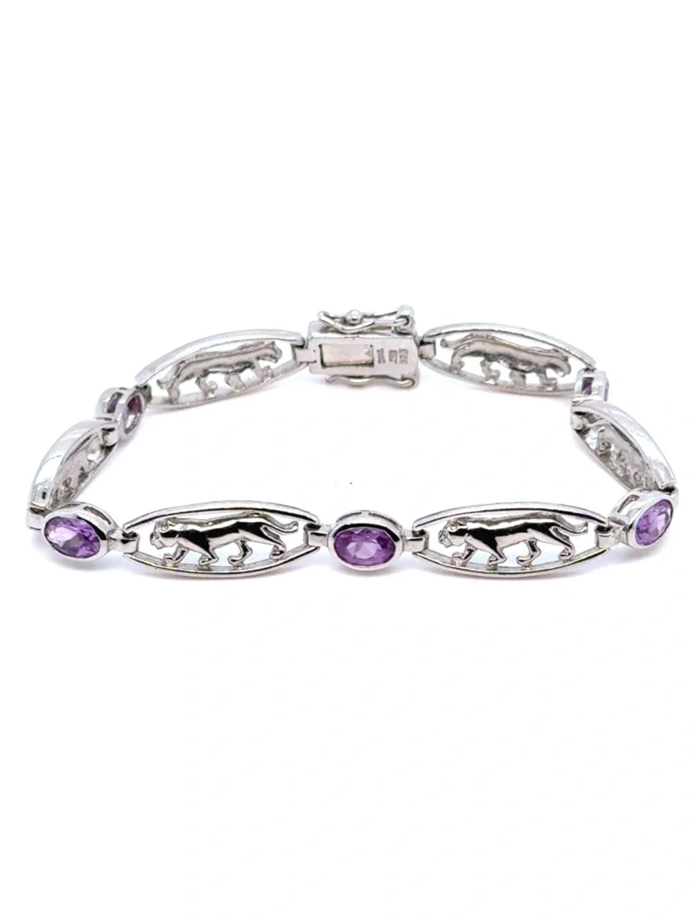 Sterling Silver 925 Panther Link‎ Bracelet with Amethyst Accents